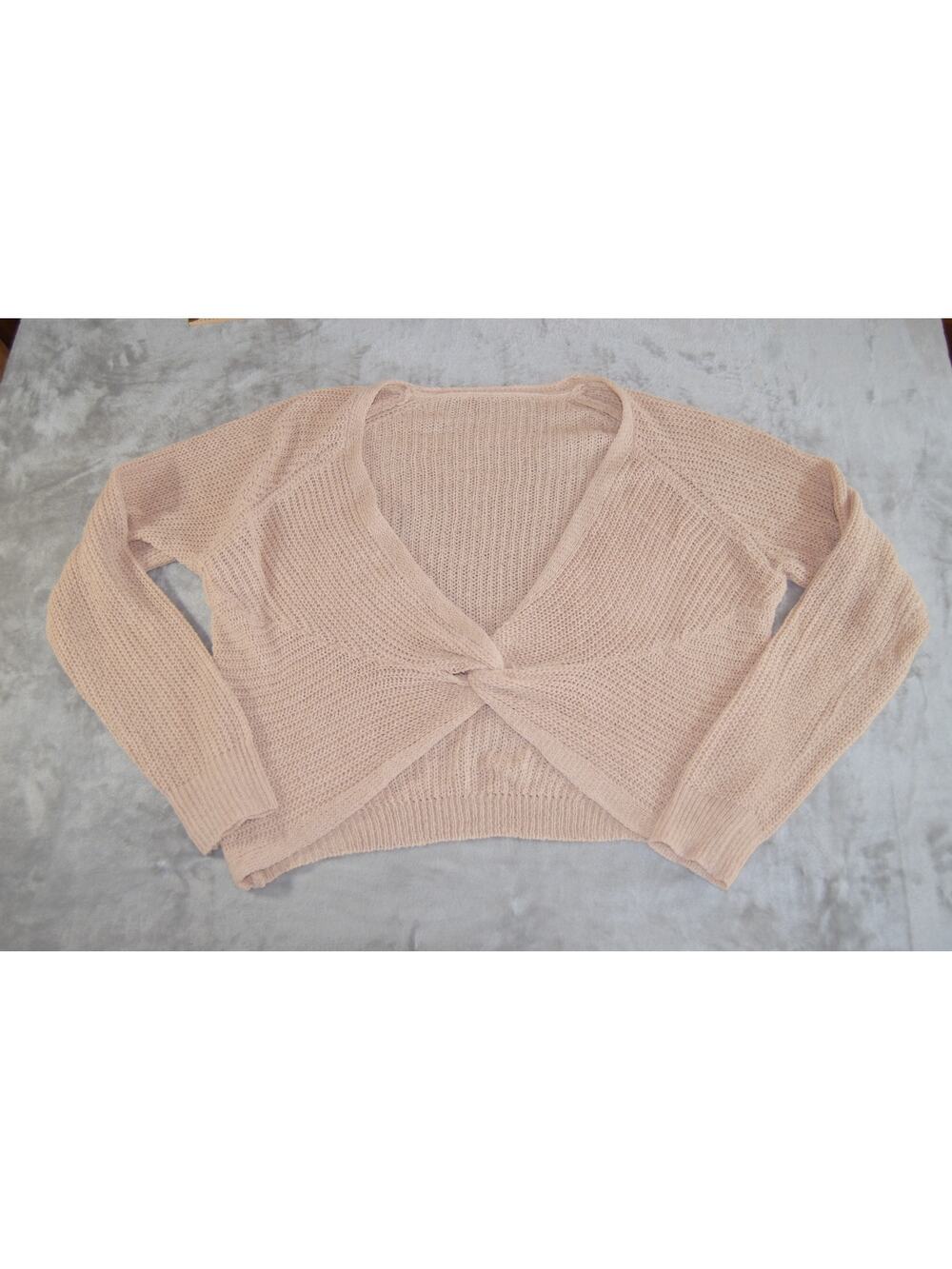 Women's Wide Knit Faux Tie Top LS Size L Boho Preppy Festival Layering Coastal